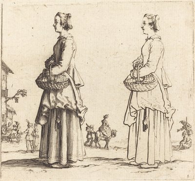 Boerin met mand, in profiel, naar links door Jacques Callot