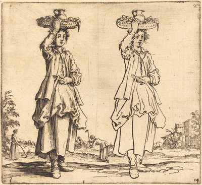 Boerin met mand op hoofd, vooraanzicht door Jacques Callot