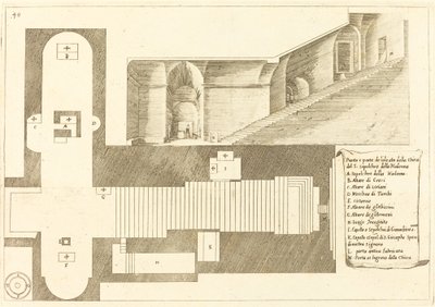 Plan en deel van de elevatie van de kerk van het Heilig Graf van de Madonna door Jacques Callot