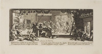 Plundering van een grote boerderij, plaat vijf uit De ellende van de oorlog door Jacques Callot