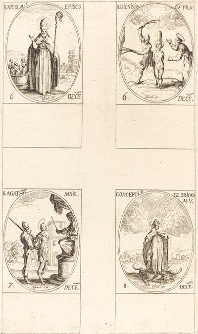 Sint Nicolaas; Sint Dionisia en zoon; Sint Agatha; Ontvangenis van de Maagd door Jacques Callot