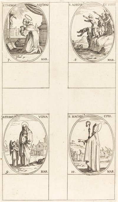 St. Thomas van Aquino; St. Adrianus en Metgezellen; St. Frances; St. Macari door Jacques Callot