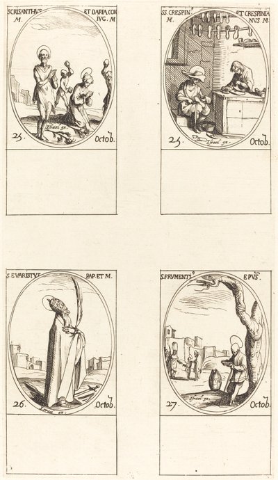 Heiligen Chrysanthus & Daria; Heiligen Crispinus & Crispinianus; Heilige Evaristus; Heilige Frumentius door Jacques Callot