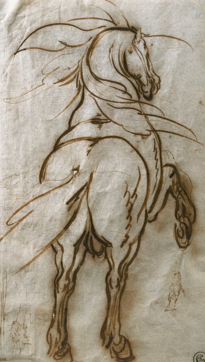 Studie van een steigerend paard, met een aanvullende studie van hetzelfde en een uitzicht op een stad door Jacques Callot