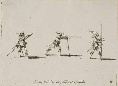 Het innemen van de vuurbereidheid met het musket, plaat acht uit De Militaire Oefeningen door Jacques Callot