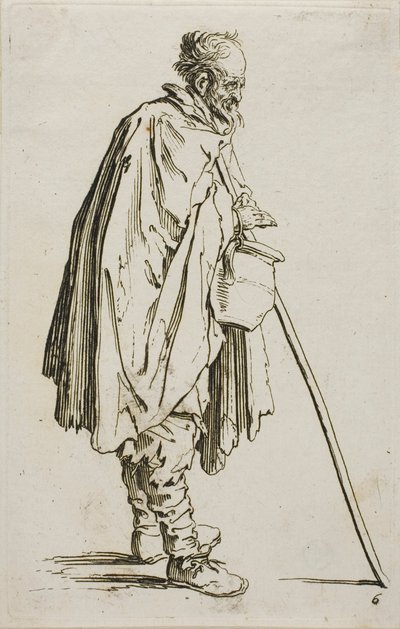 De bedelaar met een voetverwarmer, plaat zes uit De bedelaars door Jacques Callot