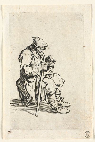 De bedelaars: bedelaar zittend en etend, ca. 1623 door Jacques Callot