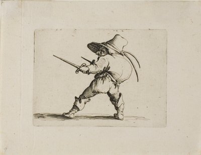 De duellist met een zwaard en een dolk, uit Varie Figure Gobbi door Jacques Callot