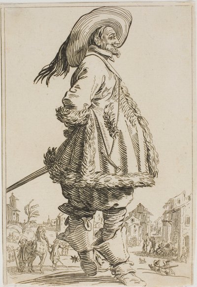 De Edelman in de Met Bont Afgewerkte Mantel met Zijn Handen Achter Zijn Rug, uit de serie De Adel van Lotharingen door Jacques Callot