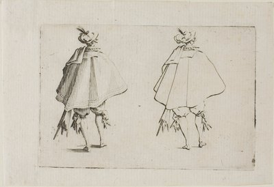 De heer met een grote jas, gezien van achteren, uit De Caprices door Jacques Callot