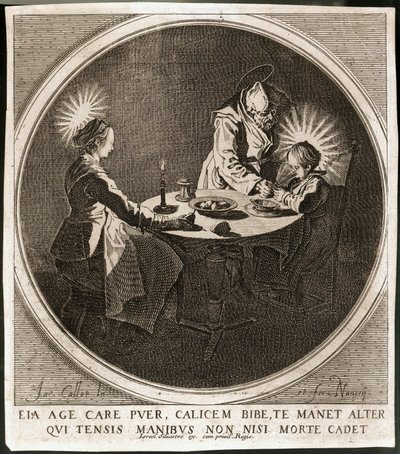 De Heilige Familie aan tafel ... (gravure) door Jacques Callot