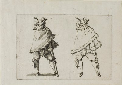 De man gewikkeld in zijn jas, uit De Caprices door Jacques Callot