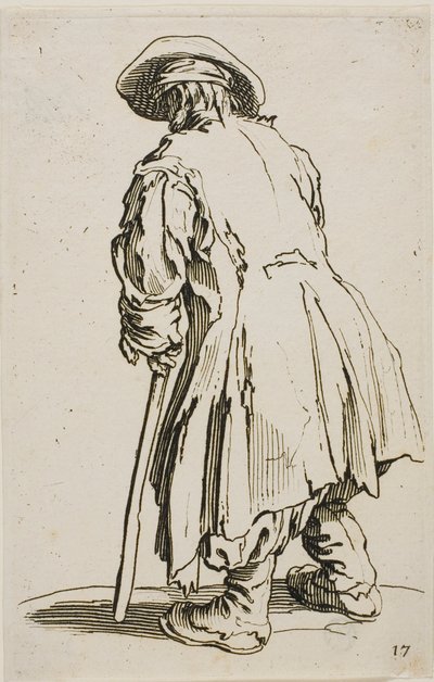 De oude bedelaar leunend op zijn kruk, plaat zeventien uit De bedelaars door Jacques Callot