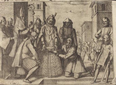 De Koningin legt de Eerste Steen voor de Kerk van de Arme Klaren in Spanje [verso] door Jacques Callot