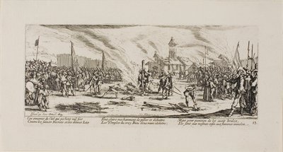 De brandstapel, plaat dertien uit De ellende van de oorlog door Jacques Callot
