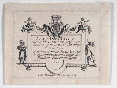 Titelpagina van Les Fantaisies ... (ets) door Jacques Callot
