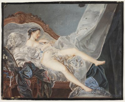 Een naakt meisje, liggend op haar rug op een canapé tussen grote draperieën door Jacques Charlier