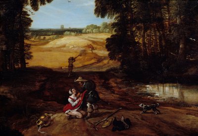 Hinderlaag. Enkele rovers in het bos bereiden zich voor om een vrouw te verkrachten door Jacques Fouquieres