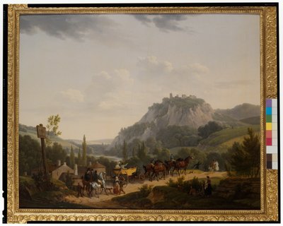 Een groep reizigers in een landschap door Jacques Francois Joseph Swebach