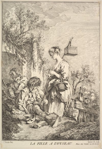 Meisje met een vogel door Jacques Gabriel Huquier