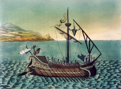 Duilius Corvus op Romeinse galei oorlogsschip, door Jacques Grasset de Saint-Sauveur, gravure uit het oude Rome door Jacques Grasset de Saint Sauveur