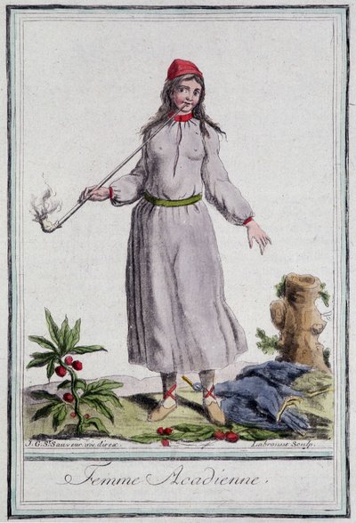Femme acadienne - in "Encyclopedie van Reizen" door Grasset St Sauveur, ed. 1796 door Jacques Grasset de Saint Sauveur