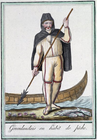 Groenlander in visserijkleding - in "Encyclopédie des voyages" door Grasset Saint Sauveur, ed. Parijs 1796 door Jacques Grasset de Saint Sauveur