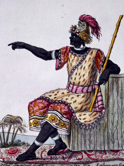 Koning van Loango, kleurgravure naar tekening door Labrousse (actief 1796), uit Encyclopedie van reizen, door Jacques Grasset de Saint-Sauveur (1757-1810) door Jacques Grasset de Saint Sauveur