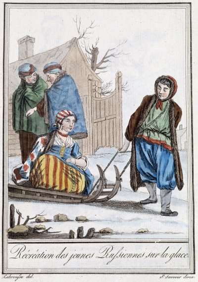 Recreatie van jonge Russinnen op een slee (Russen) - in 