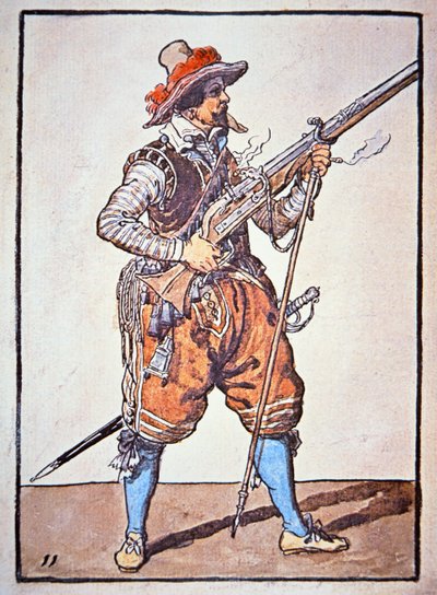 Arquebusier gewapend met lontslotmusket, illustratie uit 