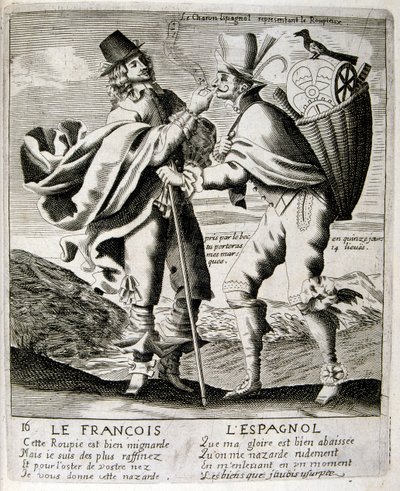 17e eeuwse gegraveerde illustratie uit een verzameling spreekwoorden. Parijs 1657-1663. Door Jacques Lagniet (1620-1675). Franse graveur. Van hem veel maatschappijkritische gravures en spotprenten zoals zijn soms groteske en fantastische illustraties door Jacques Lagniet