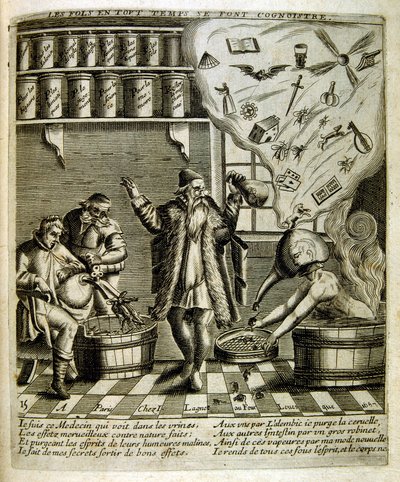 17e eeuwse gegraveerde illustratie uit een verzameling spreekwoorden. Parijs 1657-1663. Door Jacques Lagniet (1620-1675). Franse graveur. Van hem veel maatschappijkritische gravures en spotprenten zoals zijn soms groteske en fantastische illustraties door Jacques Lagniet