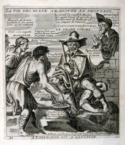 17e eeuwse gegraveerde illustratie uit een verzameling spreekwoorden. Parijs 1657-1663. Door Jacques Lagniet (1620-1675). Franse graveur. Van hem veel maatschappijkritische gravures en spotprenten zoals zijn soms groteske en fantastische illustraties door Jacques Lagniet