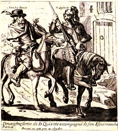 Don Quichot op Rossinante, vergezeld door Sancho Panza op zijn ezel Grison, ca. 1640 (illustratie) door Jacques Lagniet
