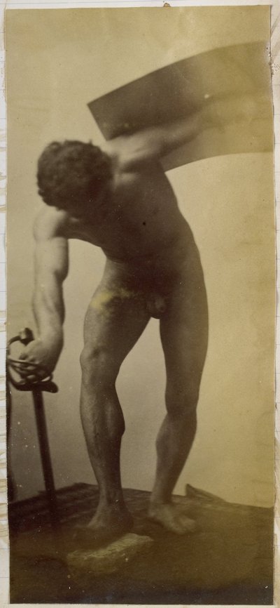 Studie van een mannelijk naaktmodel, staand gebogen met zwaard en schild in de handen door Jacques Lalaing (attributed to)