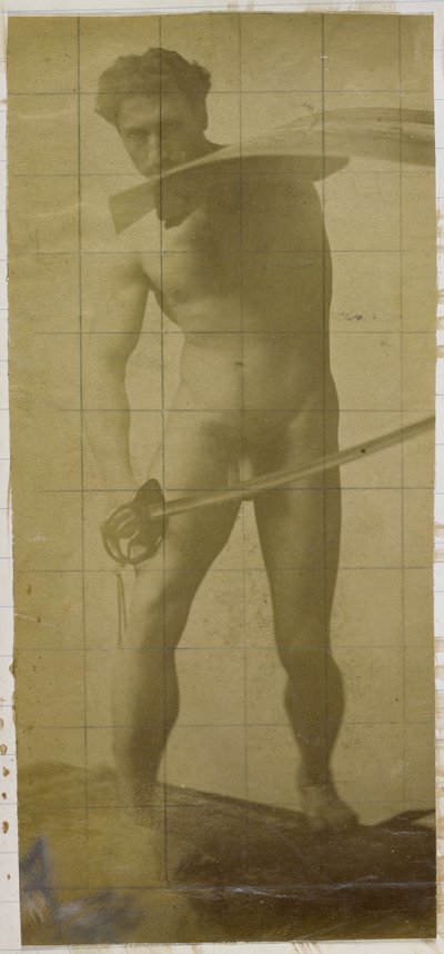 Studie van een mannelijk naaktmodel, staand met zwaard en schild in de handen door Jacques Lalaing (attributed to)