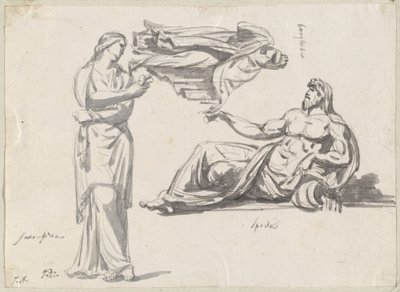 Een riviergod en twee klassieke sculpturen door Jacques Louis David