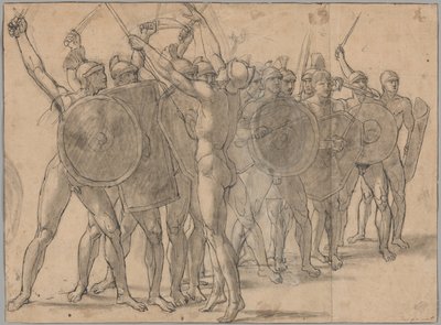 Naakte soldaten gebarend met hun wapens (recto); Twee draperiestudies voor de figuur van Tatius (verso) door Jacques Louis David