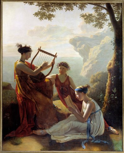 Griekse dichteres Sappho speelt lier met twee van haar metgezellen door Jacques Louis Michel Grandin