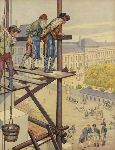 Bouwvakkers kijken naar beneden vanaf de steigers op de Place des Pyramides door Jacques Marie Gaston Onfray de Breville (Job)