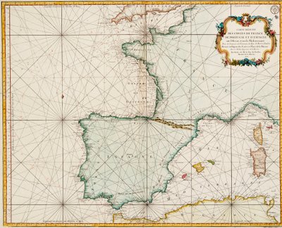 Kaart van West-Europa met de Parijse meridiaan als de Prime door Jacques Nicolas Bellin