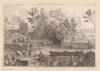 Landschap met meer en drie wassende vrouwen door Jacques Prou