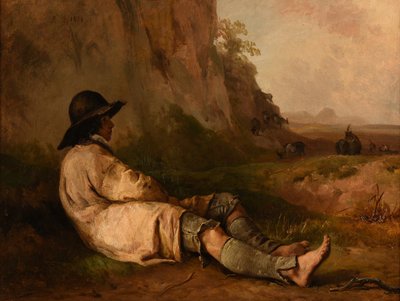 Herder rustend bij een rots door Jacques Raymond Brascassat