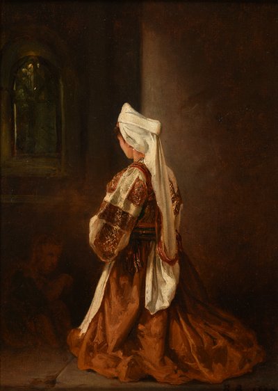 Jonge Romeinse vrouw bidt in een kerk door Jacques Raymond Brascassat