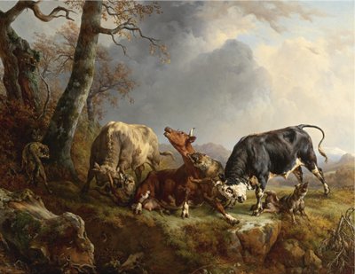 Twee stieren verdedigen een koe die is aangevallen door wolven door Jacques Raymond Brascassat