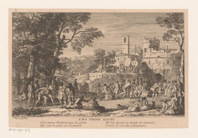 Landschap met groep mensen, kijkend naar een wedstrijd verspringen door Jacques Rigaud