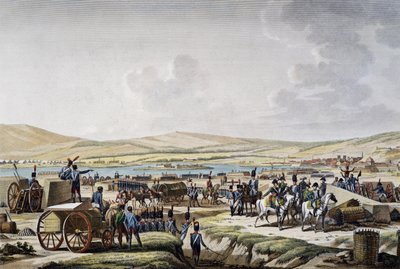Napoleon bezoekt de belegeringswerken in Danzig geleid door maarschalk Lefebvre, gravure door Francois Jacques Dequevauviller, tekening door Jacques Francois Joseph Swebach-Desfontaines door Jacques Swebach Desfontaines
