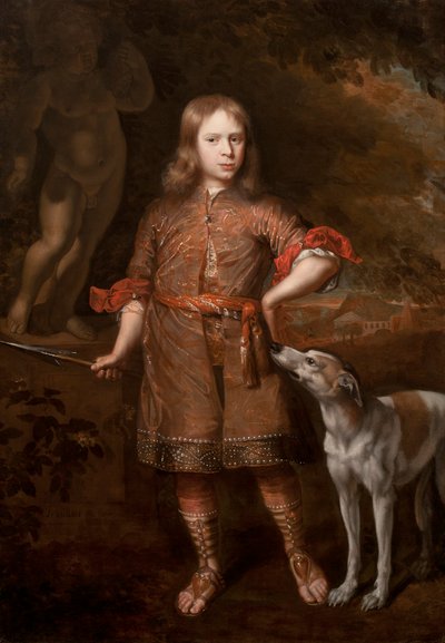Portret van een jongen als jager met een windhond, midden jaren 1670 door Jacques Vaillant
