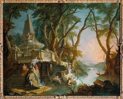 Fantasielandschap: de rivier, ook bekend als de piramidale fontein met een gebroken beeld van Neptunus - Fantasielandschap: de rivier ... door Jacques de (after) Lajoue