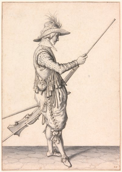 Een soldaat die een musket laadt, "Ramme in your Pouder". door Jacques de Gheyn II